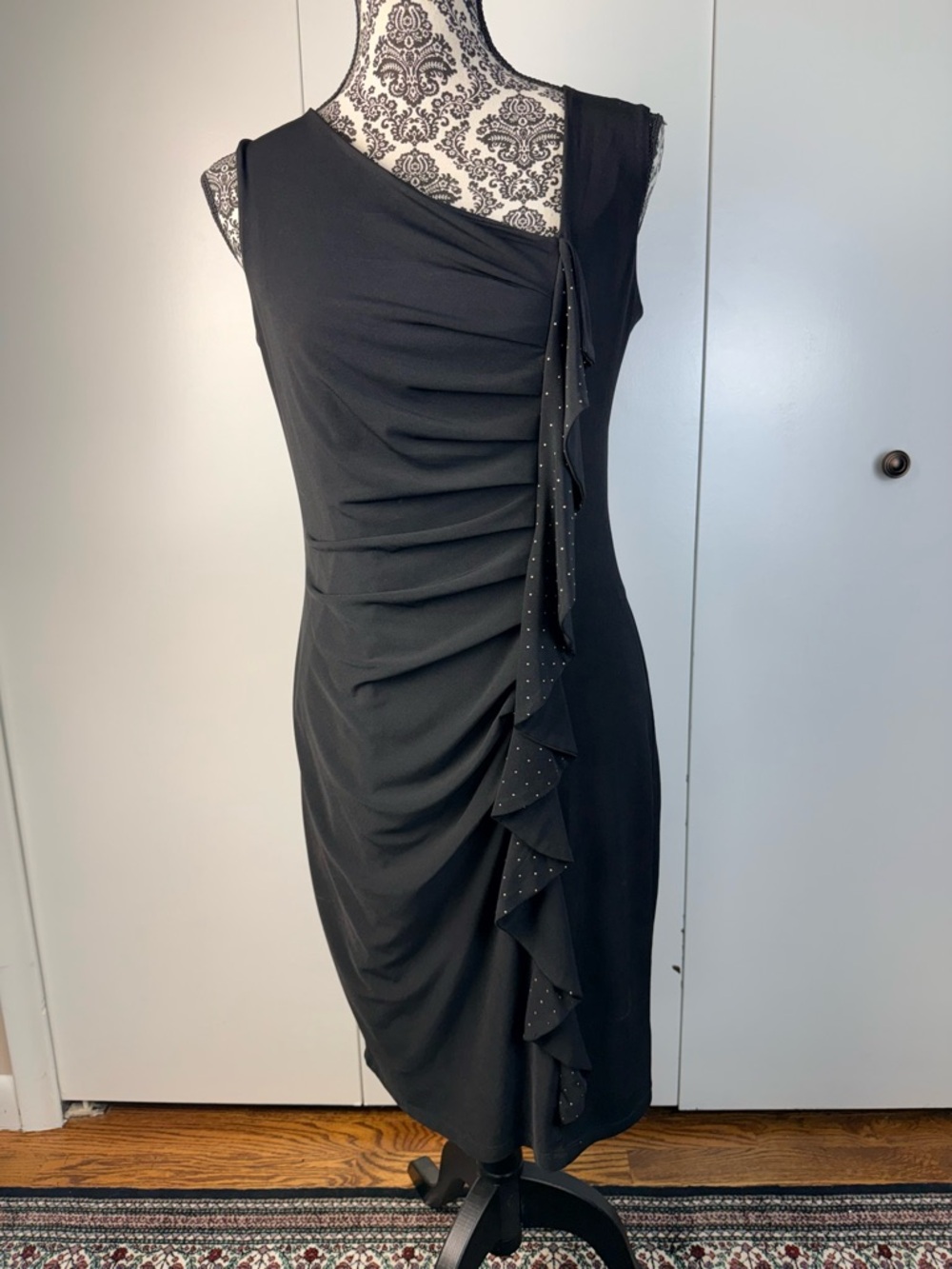 Carole Little Black Sleeveless Ruched Midi Dress with Ruffle Detail size 12
